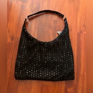 Fancy Black Zipper Closure Satchel Purse Silver Tone